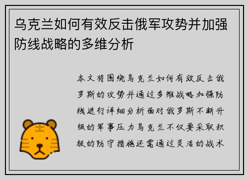 乌克兰如何有效反击俄军攻势并加强防线战略的多维分析
